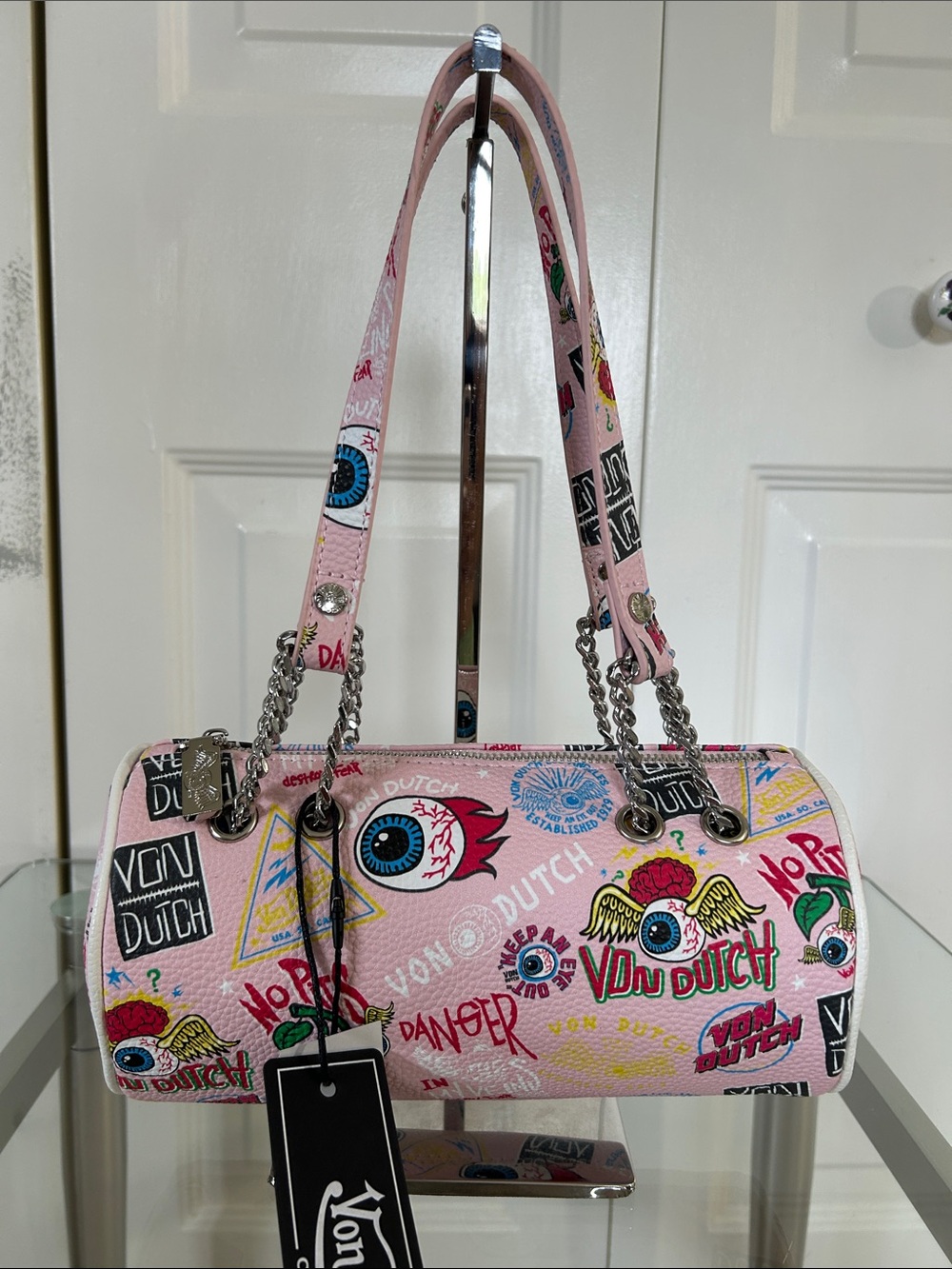 NWT Von Dutch Pink Graphic Barrel Shoulder Bag with Multi-Color Accents